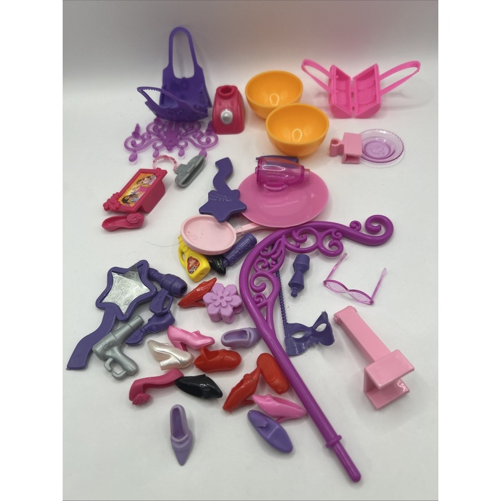Barbie Doll Accessories Lot – Shoes, Purses, Cups, Brushes & Mini Items Bundle